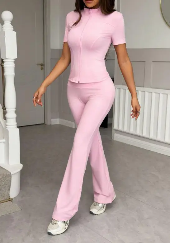 

Women's Two-Piece Set 2025 Autumn/winter Zipper Short Sleeved Sports Pants Set Fashionable Slim Fit Comfortable Pants Set