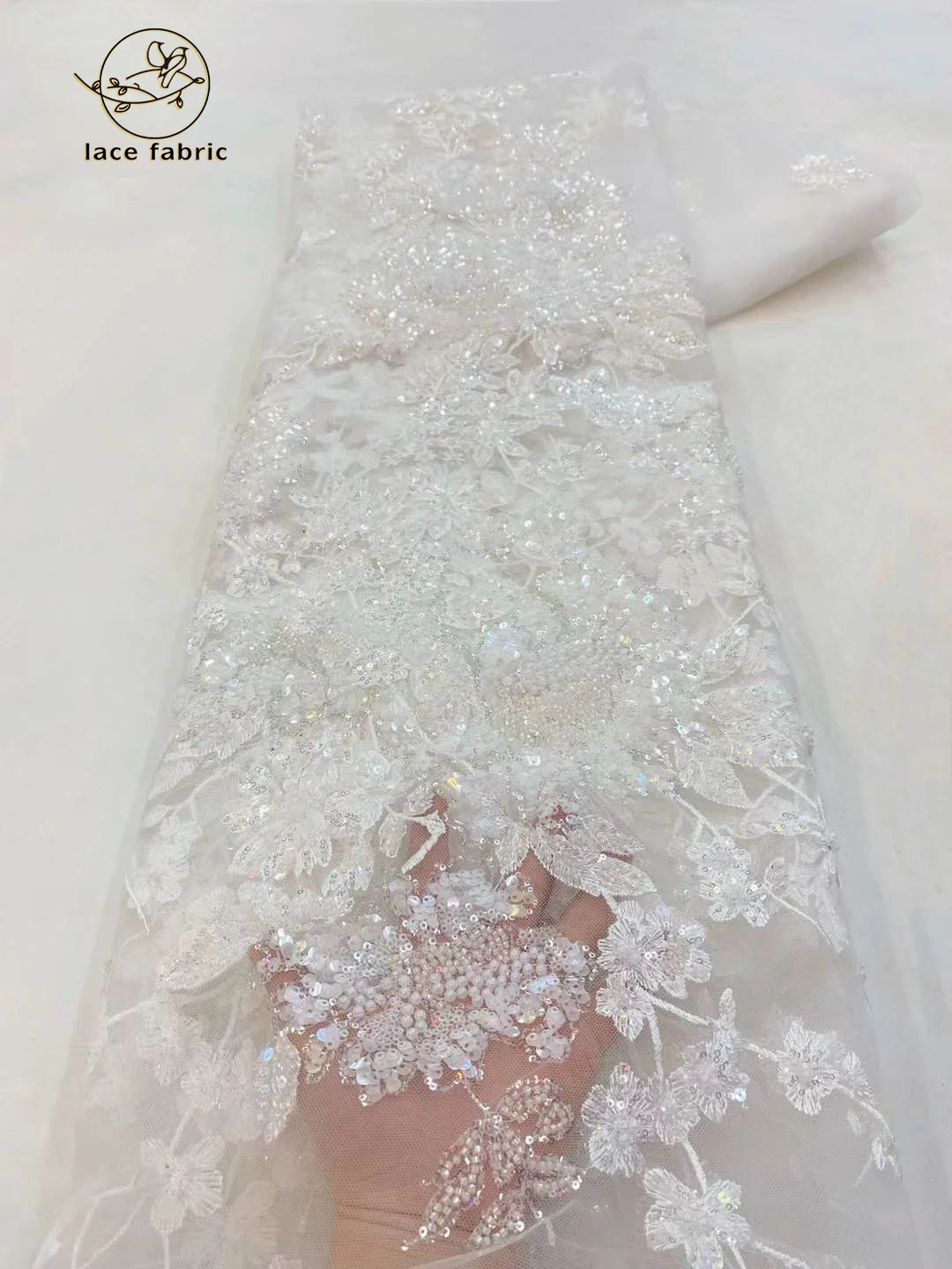 2023 Latest Nigerian Sequins Lace Fabric Heavy Hand Beaded Lace Fabric Luxury French Embroidery Beads Lace Fabric For Wedding