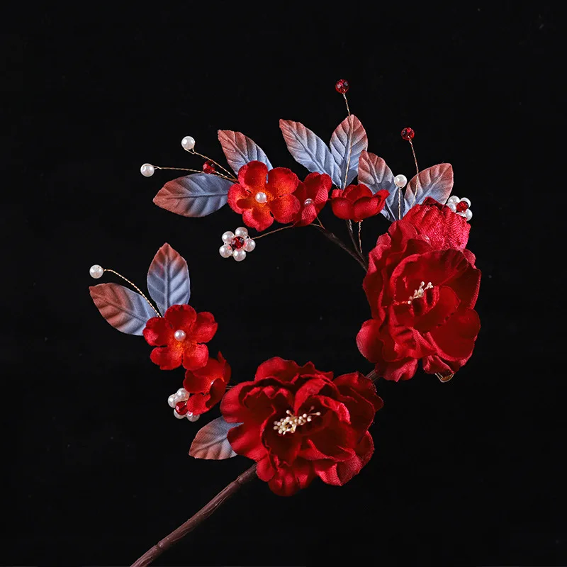 Jade Lucky Bracelet Hand String Antique Red Peony Wrapped Flower Pair Clip Handmade Fabric Flower Hair Pin Hanfu Bride Headdress