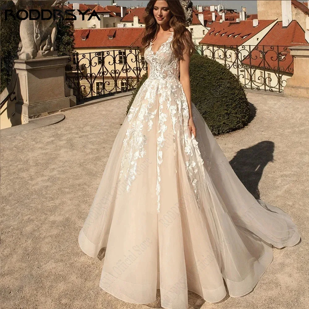 RODDRSY scollo a v senza maniche Applique abiti da sposa a-line Tulle Boho Vestidos De Novia pizzo Backless abiti da sposa su misuraRODRSY V-Neck senza maniche Applique Abiti da sposa A-Line Tulle Boho Vestidos De Novi