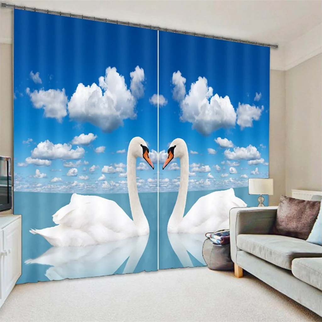 

Swan Couple Kitchen Curtain for Window, Blue Sky 3D Digital Printing, Short Window Curtains, 2 Panels