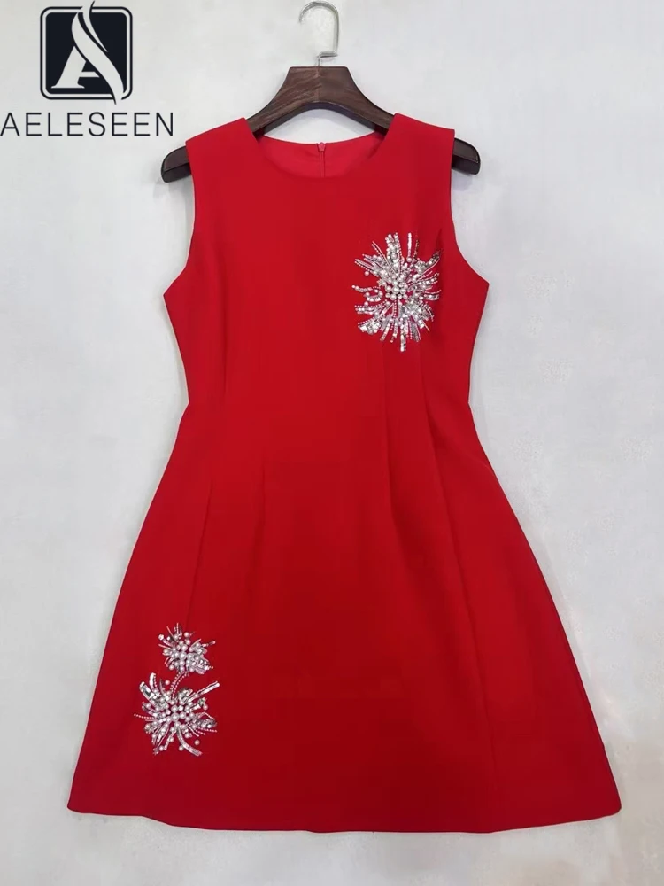 

AELESEEN Runway Fashion Spring Summer Tank Dress Women Elegant Sleeveless Red Black White Beaded Sequins A-Line Mini Party