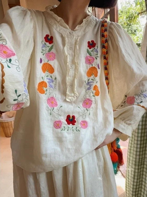 

n Sle Embroidered Cotton Linen irt Large Size Women's Retro Wood ain Collar Long Sve Spring Top Casual Wear
