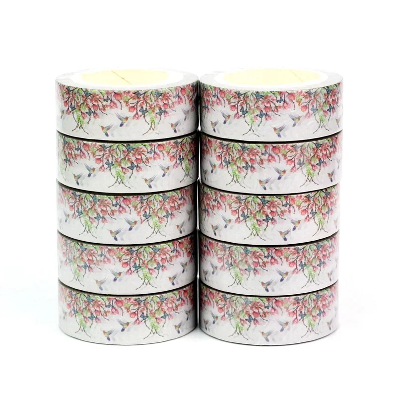 10PCS Decor Tropical Japanese Flowers Wisteria Hummingbird Masking Washi Tapes for Scrapbook Journaling Cute Stationery Supplies