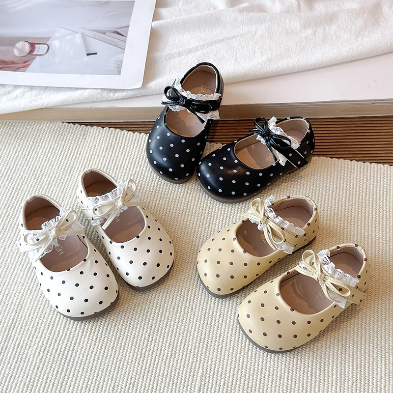 Kid's Shoes Girls' Retro Dot Bowknot Embellished Lace Trim Casual Shoes Soft Sole Fashion Children's Shoes 2026 New Size 21-30