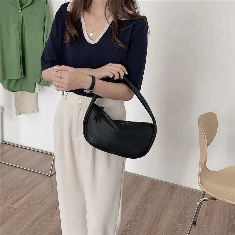 Plain color simple fashion soft leather tote bag all-around girl bag commuting date daily armpit bag small dumpling bag