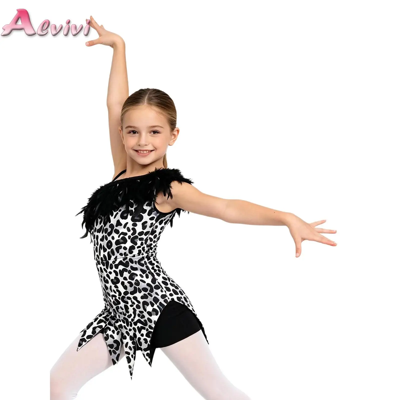 Kids Girls Prehistoric Cave Costume Leopard One Shoulder Faux Feather Sleeveless Leopard Dress Carnival Party Performance Outfit