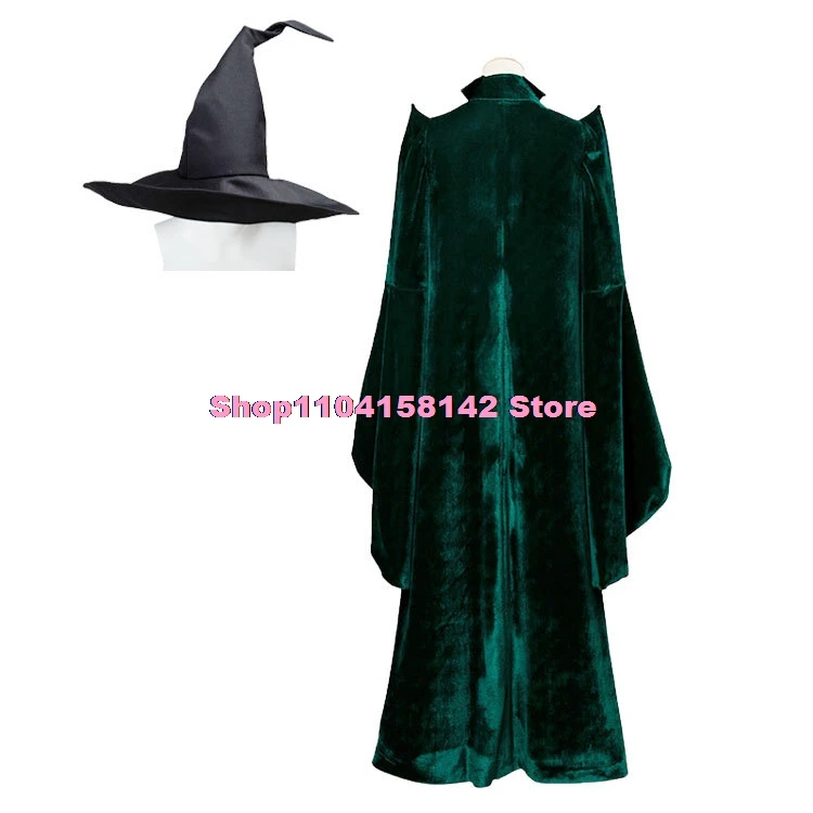 Professor Minerva Pro. McGonagall Cosplay Costume Witches Dress Green Robe Magic Cape Velvet Role Play Cloak Halloween Dress Up