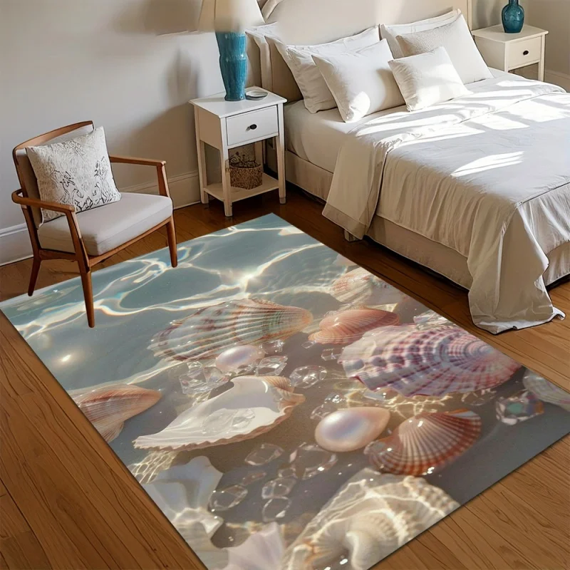 Sandy Beach Pearl Seashell Starfish Area Rug Glitter Sand Big Scallop Print Non Slip Carpet Bedroom Nautical Home Decor