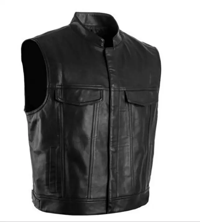 

Черный цвет, большой размер, жилет, стильная искусственная кожа, воротник-стойка, мужской жилет из искусственной кожи, пуговицы, карманы, мотоциклетная куртка