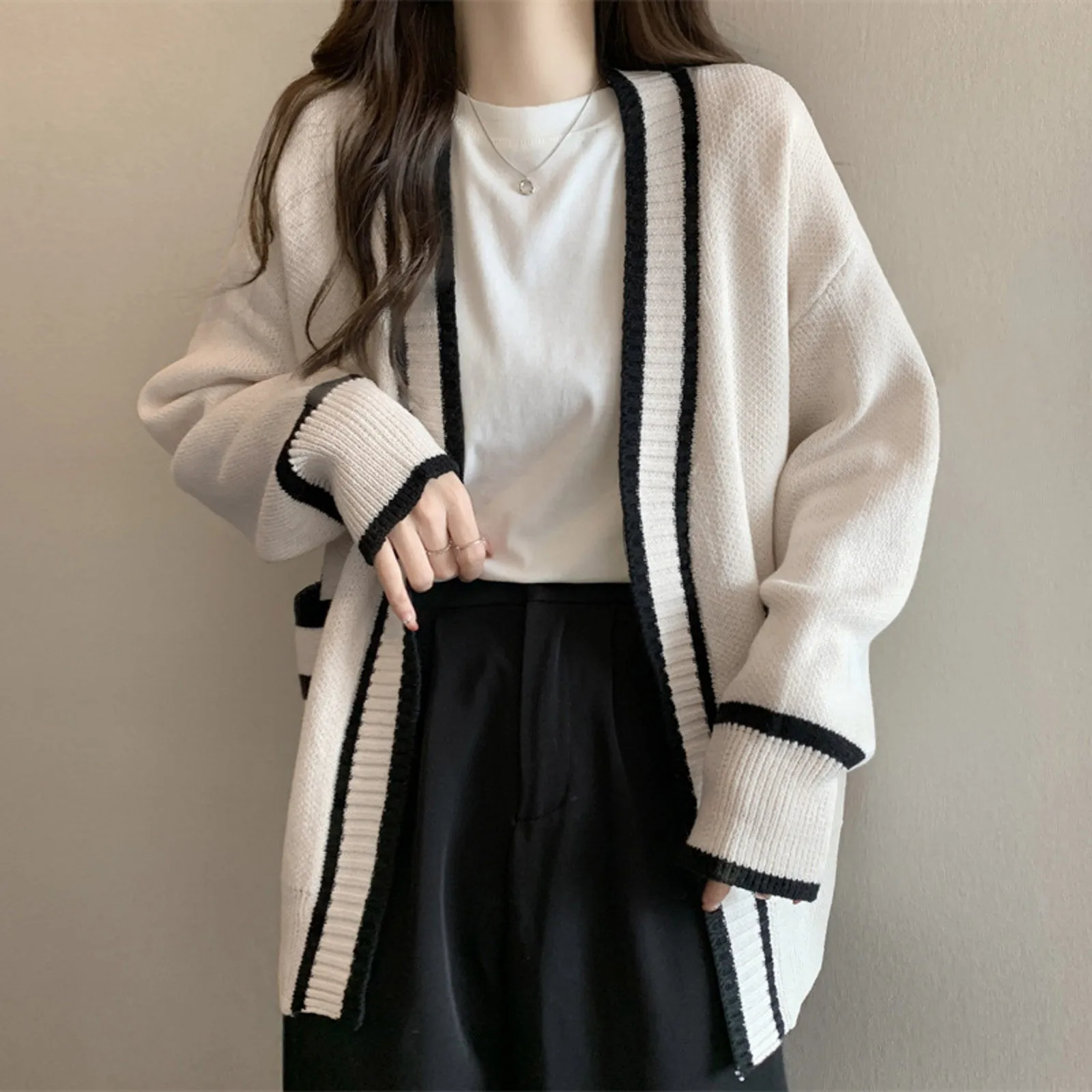 Striped Edge Knitted Cardigan Varsity Cardigan Long Sleeve V-Neck Open-Front Sweaters Knit Jacket for Women Preppy Style coats