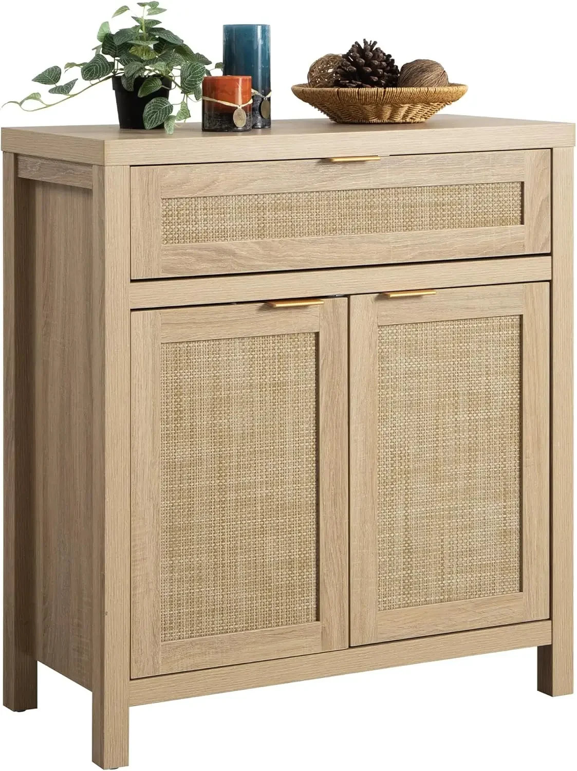 Sideboard Buffet Storage Cabinet, Rattan Accent Cabinet with Doors and Drawer