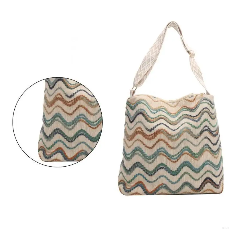 

340D Womens Large Capacity Canvas Shoulder Bag Vintage Colorful Striped Knitted Fashion Crossbody Bucket Bag with Wide Strap