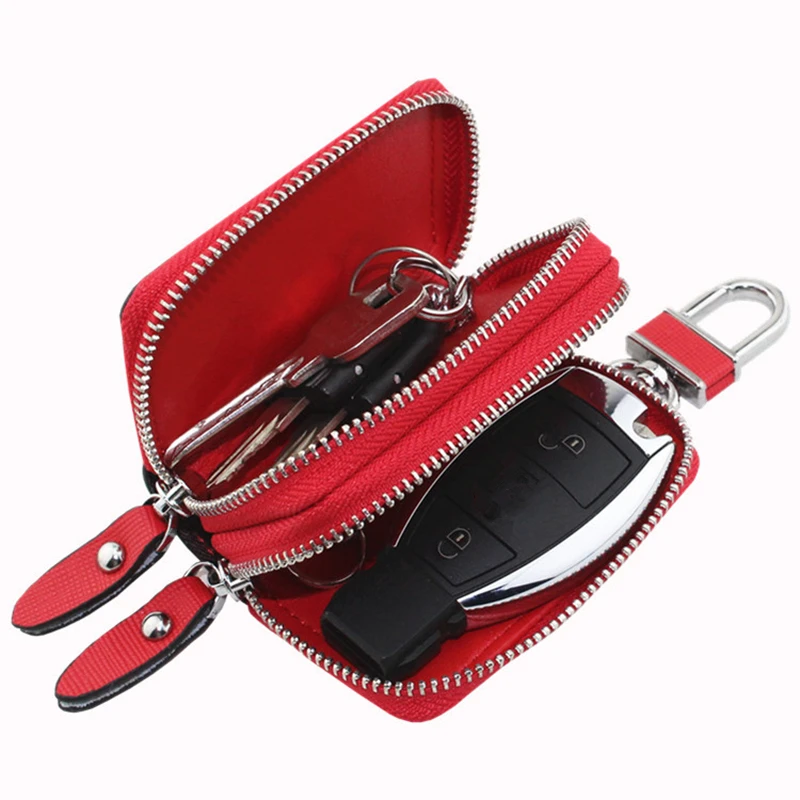 Car Key Case Leather Double Zipper Protection Cover Men And Women Key Holder Porta Chaves Purse