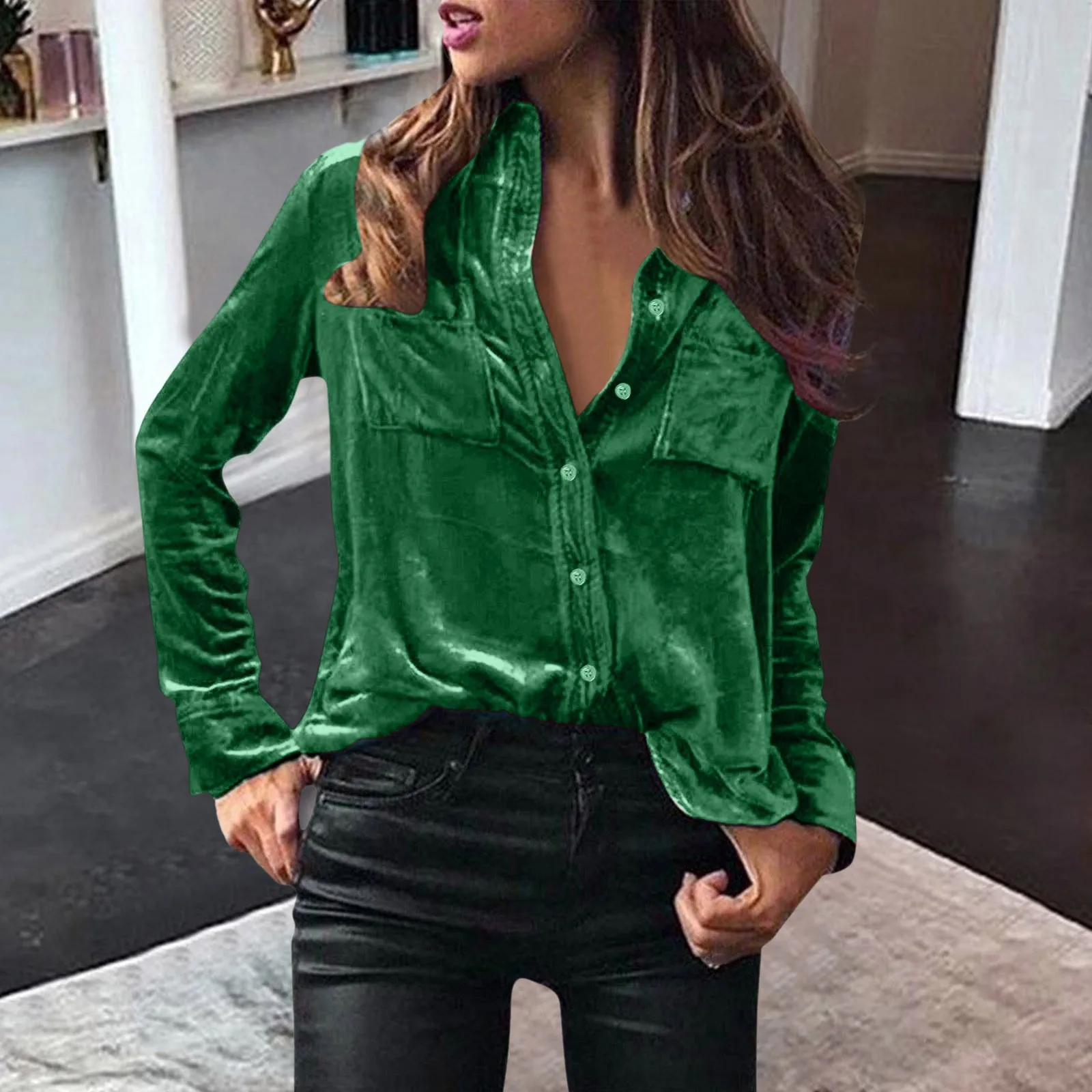 2023 New In Autumn Fashion Solid Velvet Shirt Women Solid Color Button Up Blouse Velvet Long Sleeve Casual Women Shirt Tops