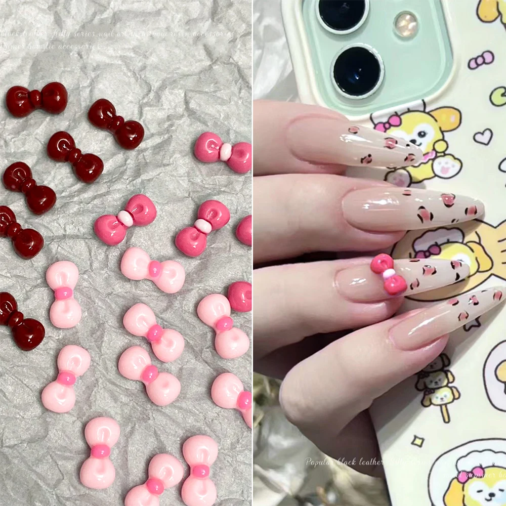 120 stks/doos Roze Rood KT Boog Nail Art Steentjes 3D Leuke Mini Hello Kitty Strik Hars Nail Charm Zoete Strik Nail Art Decorat