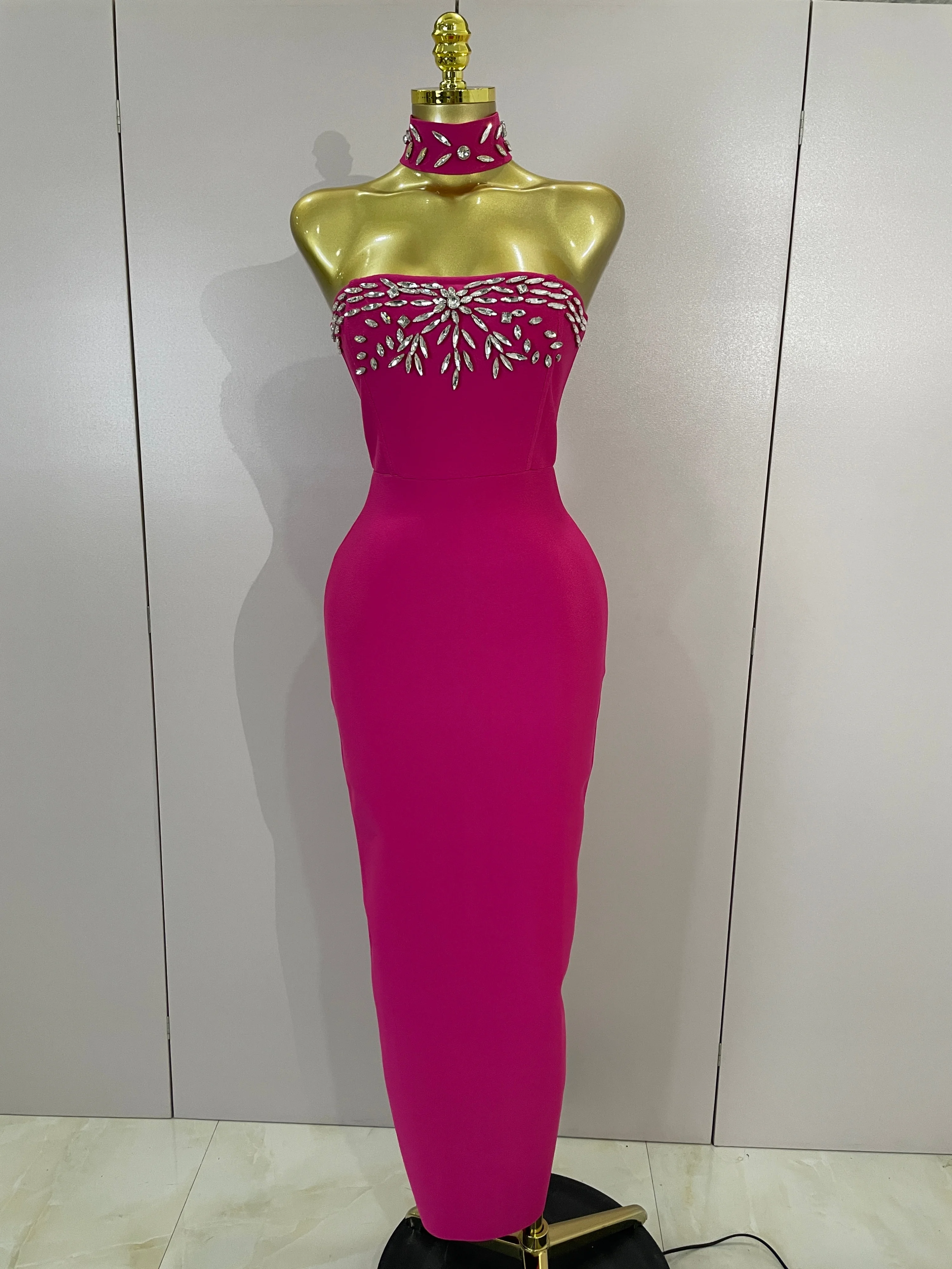 Elegant Sparkly Crystal Sexy Strapless Backless Bodycon Long Bandage Dress Women Luxury Shiny Birthday Party Eveing Prom Dress