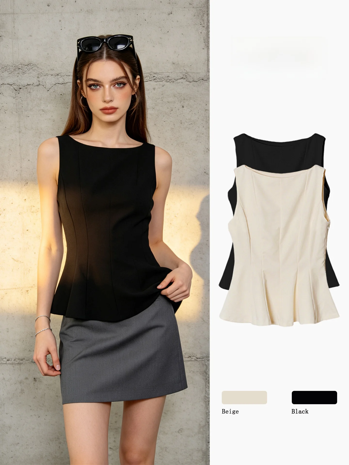 

Women's Slim Fit Vest round Neck Short Sleeveless Top Gathered Waist Design Breathable H-Shape Summer Fashion Outerwear