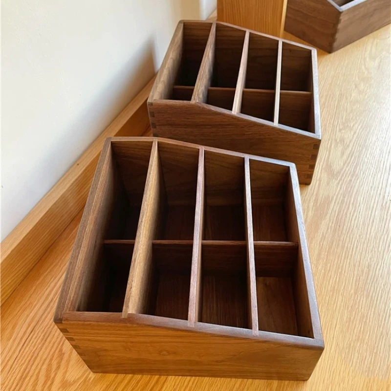 8 Compartment Organizer Box Black Walnut Card Postcard Display Case Remote Control Cell Phone Storage Tray Wooden Desk Organizer
