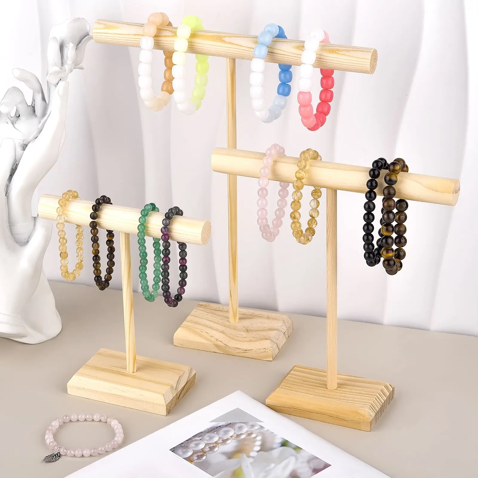 3 Sizes Solid Wood Jewelry Props Display Stand Bracelet Necklace Hair Band Jewelry Storage Display Rack With Wooden Base Supply