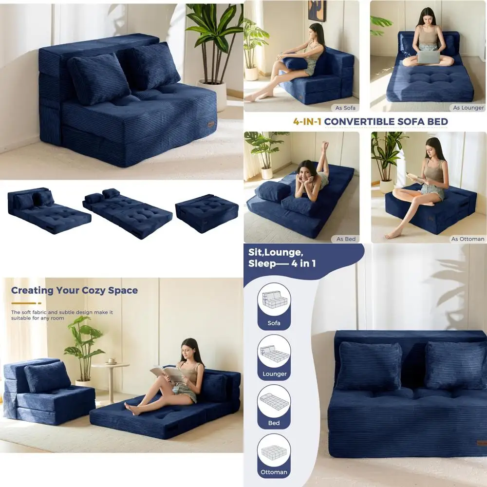 

Convertible Sofa Bed, Fold-Out Sleeper Couch with Pillow, 4-in-1 Tufted Folding Couch Bed, Foam Floor Couch, Lazy Chair