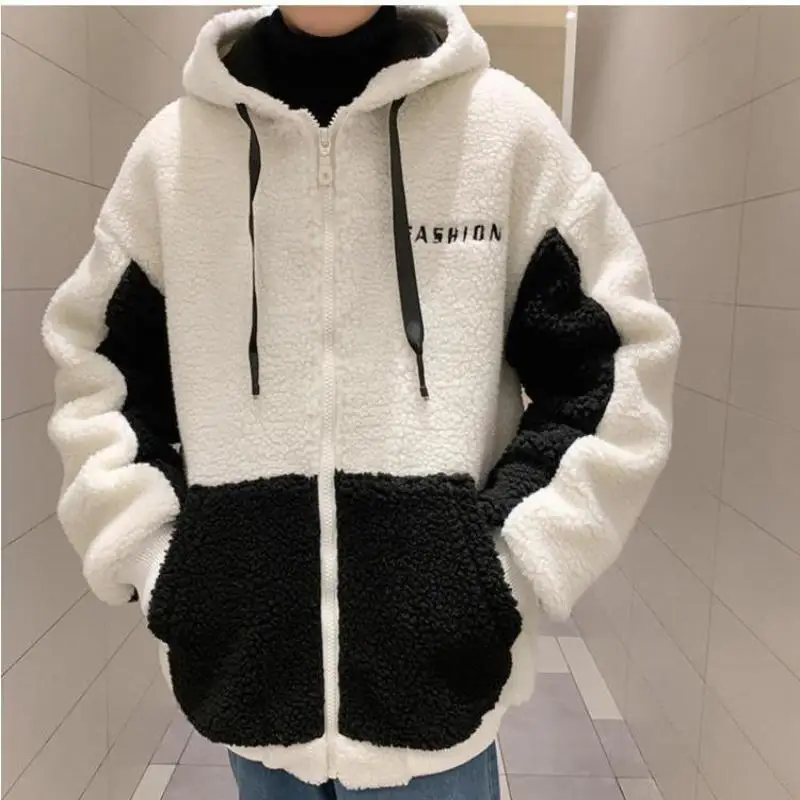 Embroidery Letter Fashion Patchwork Color Winter Hoodie Sweatshirt Men\'s Jacket Lamb Wool Casual Loose Zipper Loose Coat Male