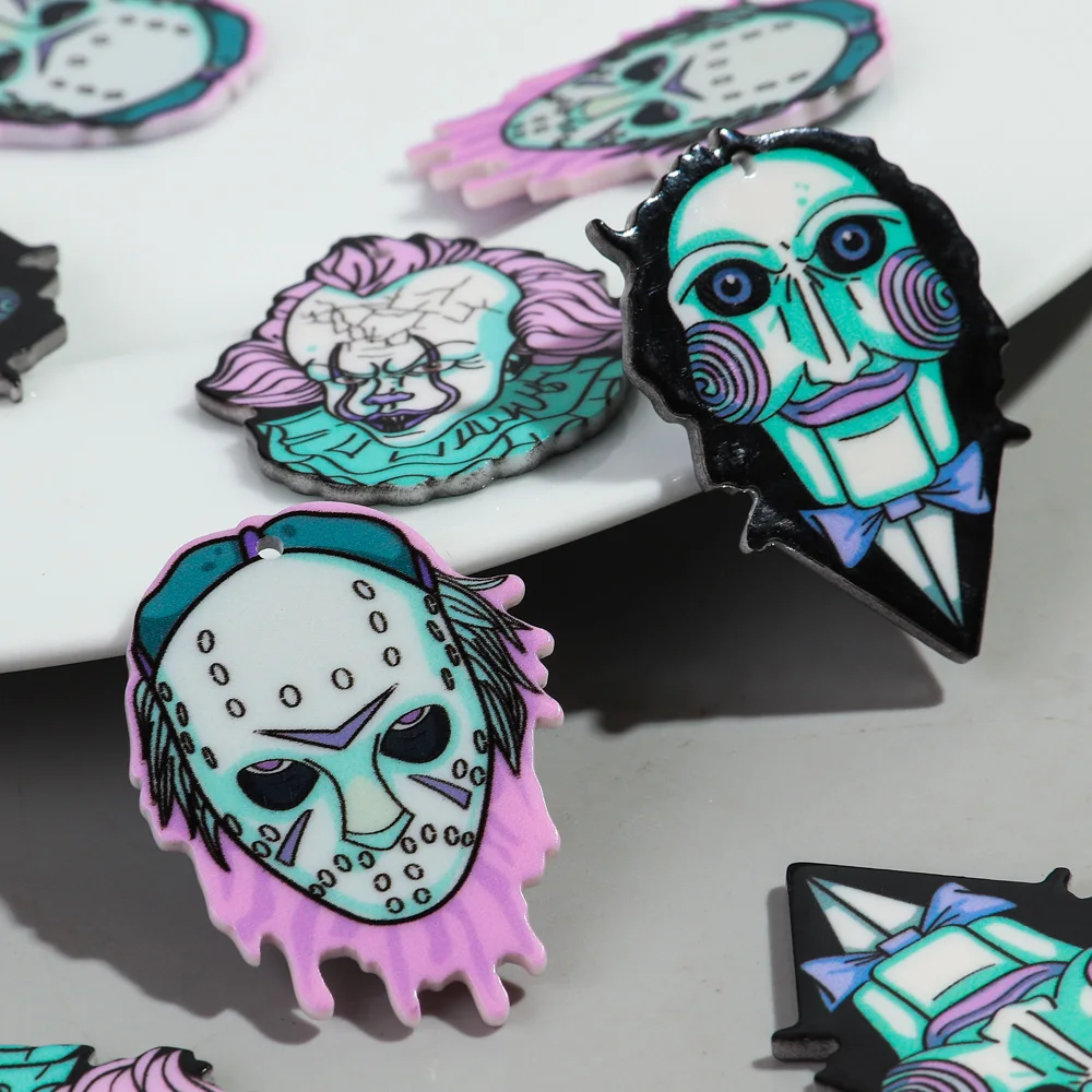 10pcs Halloween Horrible Skull Masked Man Demon Acrylic Charms Pendant for DIY Earring Keychain Jewelry Accessories Wholesale