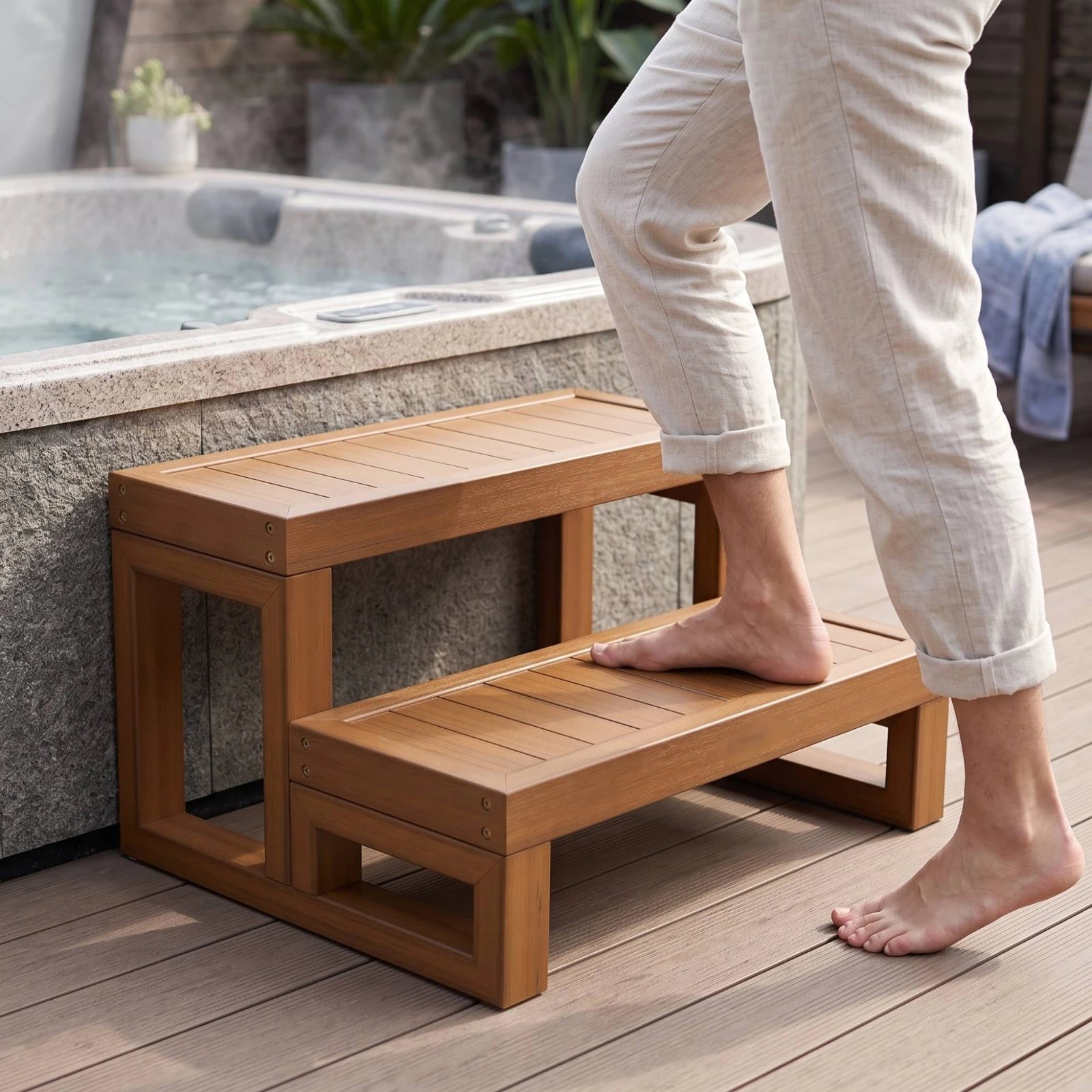 Two-Step Hot Tub Stairs Long-Lasting Two-Step Spa Staircase Deck Steps Textured Outdoor Steps Weather-Resistant for Pool