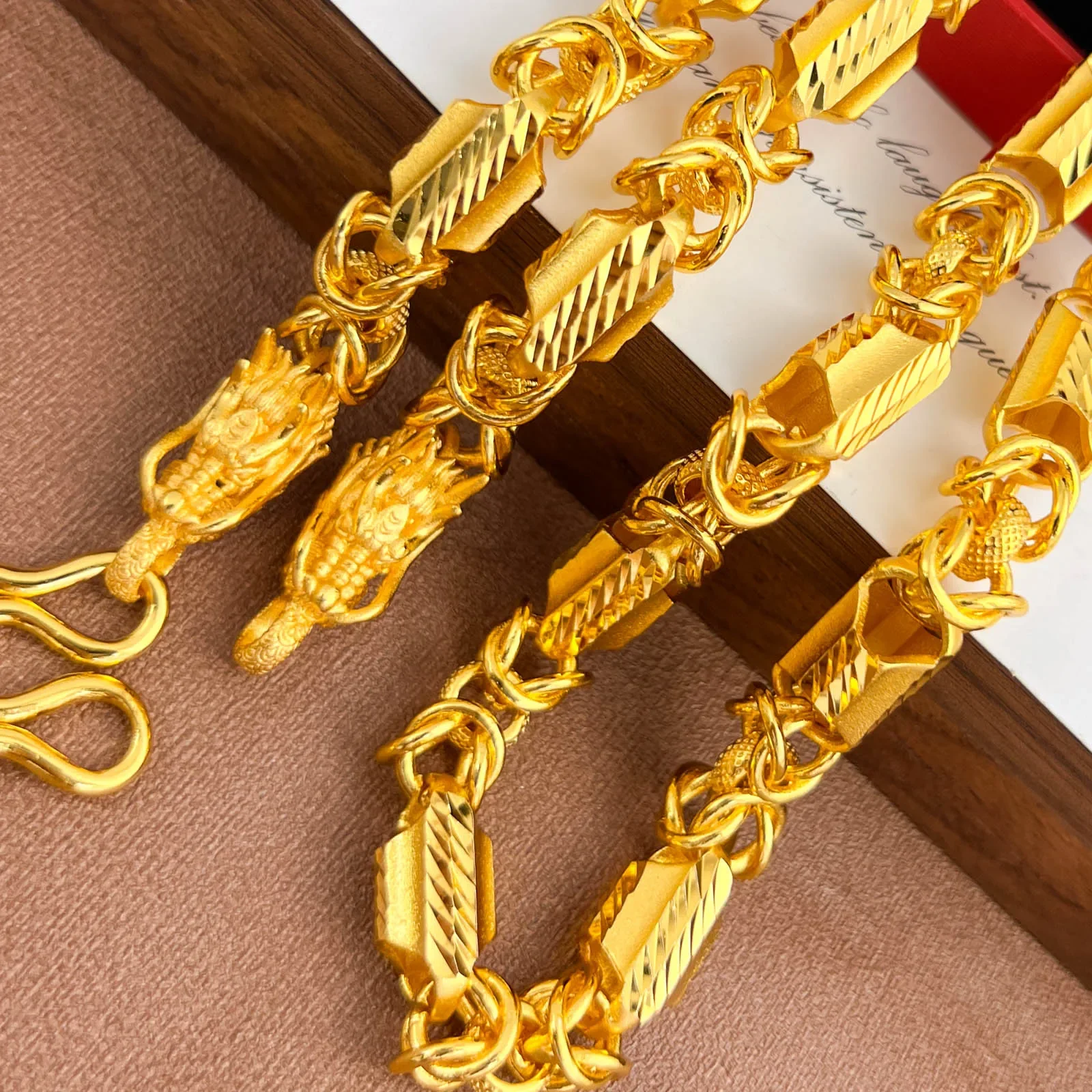 NovaGlod 9999 24K real gold boutique fantasy craft dragon bone necklace men's domineering retro faucet chain fashion hexagonal d
