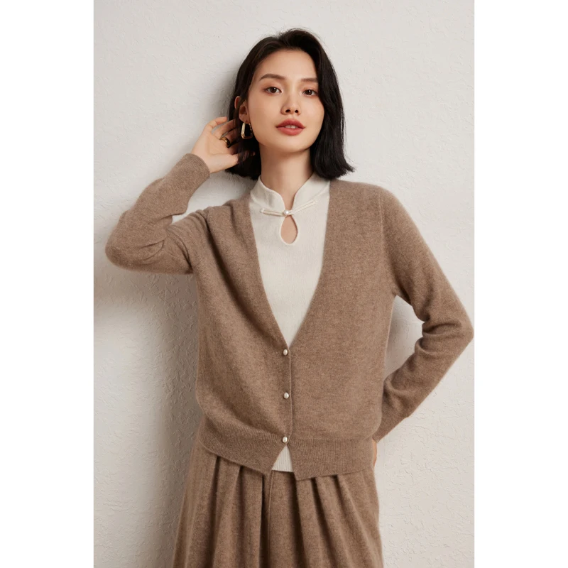 Addonee Women's Chinese Style Buckle Design Fake Two-piece Cardigan Pullover Spring Autumn O-neck 100% Cashmere Sweater Soft Top