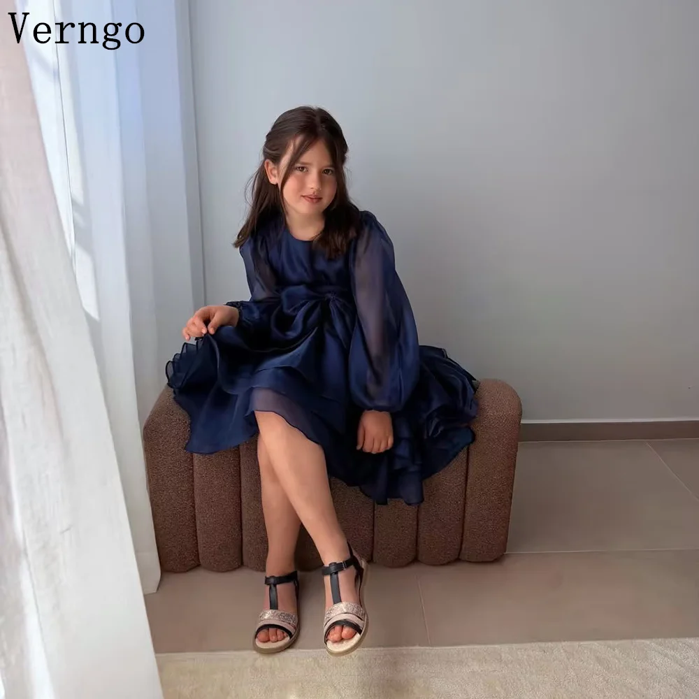 

Verngo Elegant Navy Blue Ciffon Girl Formal Dress O Neck Full Sleeves A Line Party Gowns Kid Simple Outfits Customized