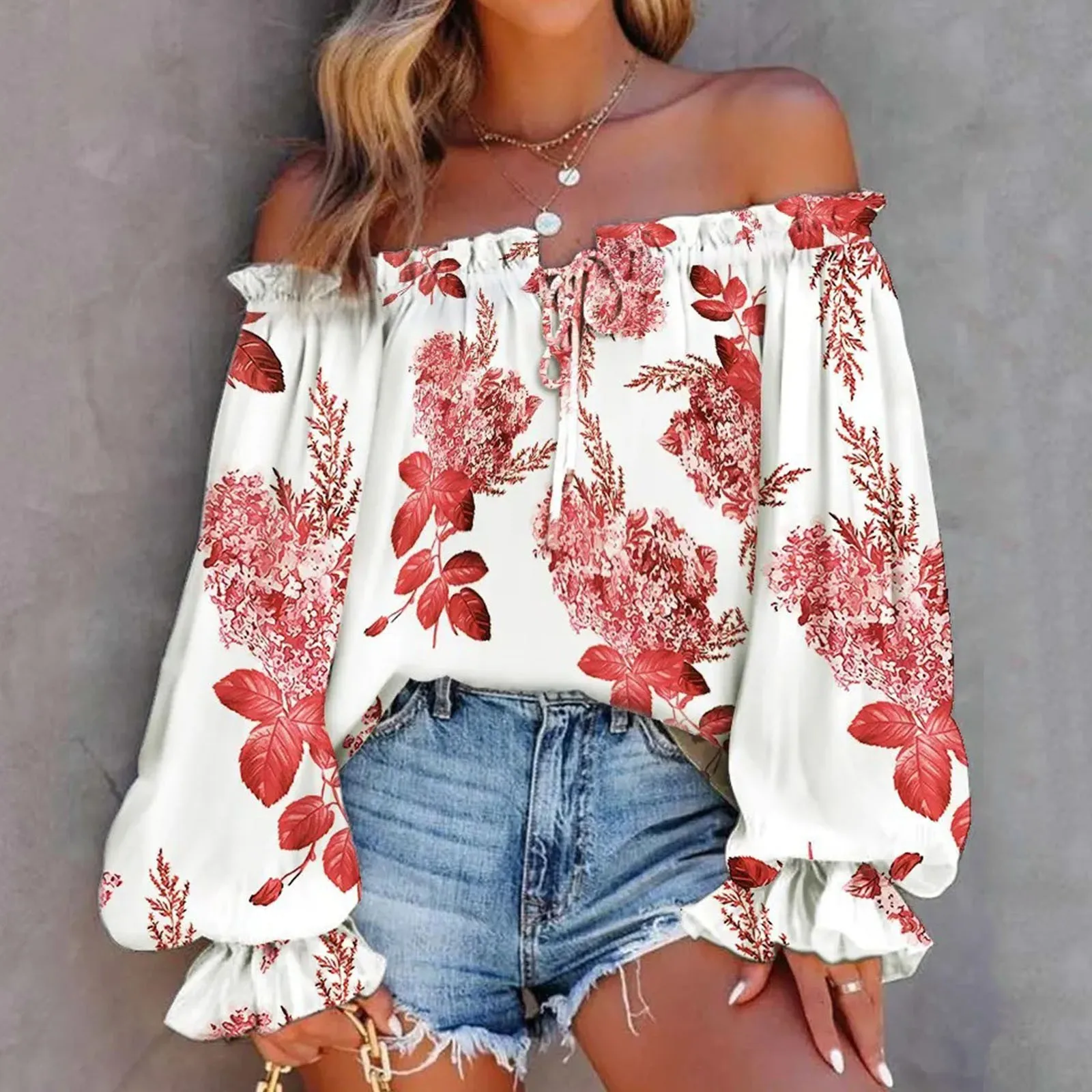 Shoulder Women Sexy Off Blouse Casual 2023 Shirts Summer Tops Floral Elegant Pullovers Oversize Streetwear Ladies Loose Blusa