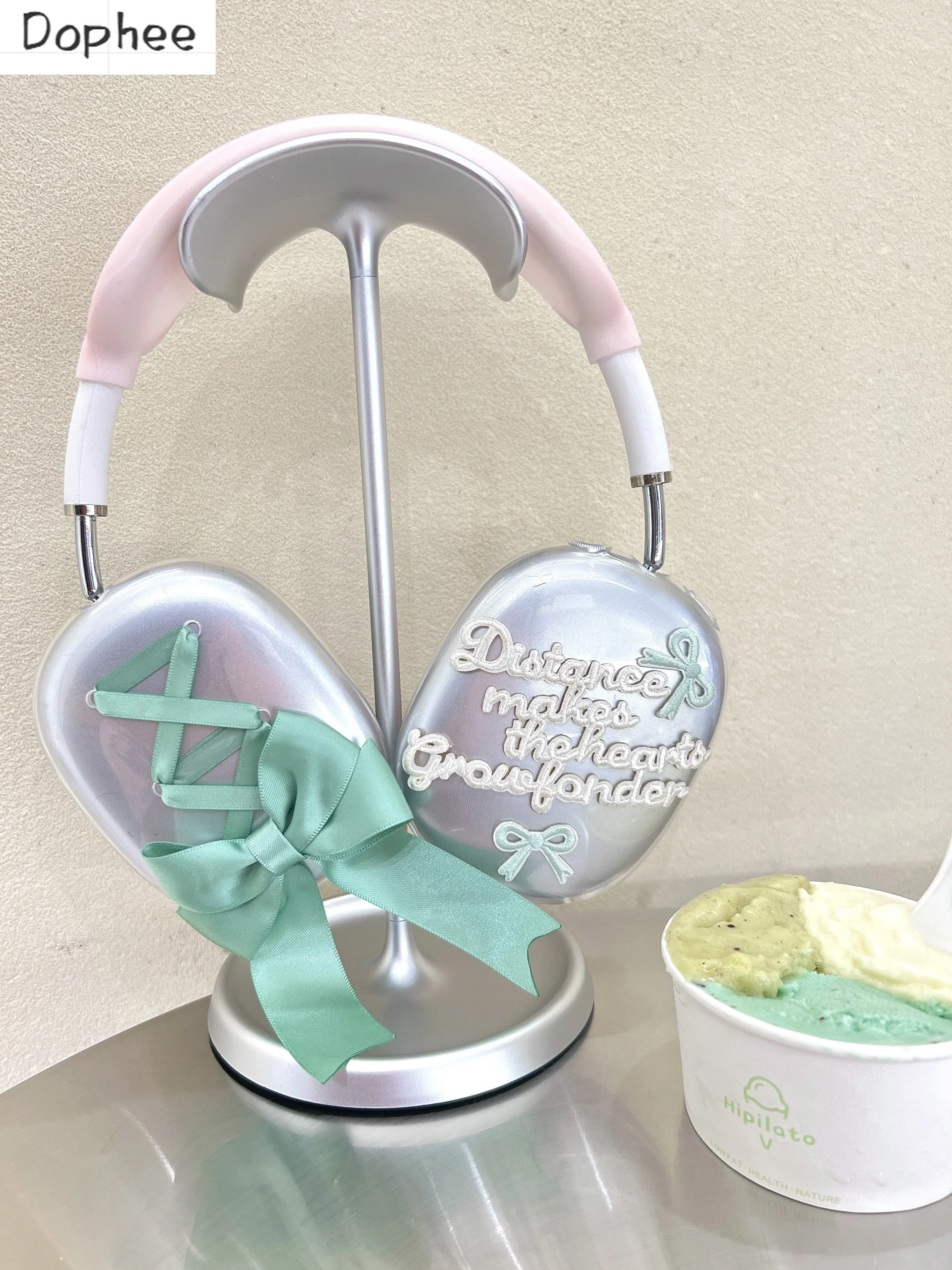 Dophee Original AirpodsMax Earphone Case Ribbon Bow Sweet Girl Apple Headphone Cover Fresh Green Silicone Transparent Soft Shell
