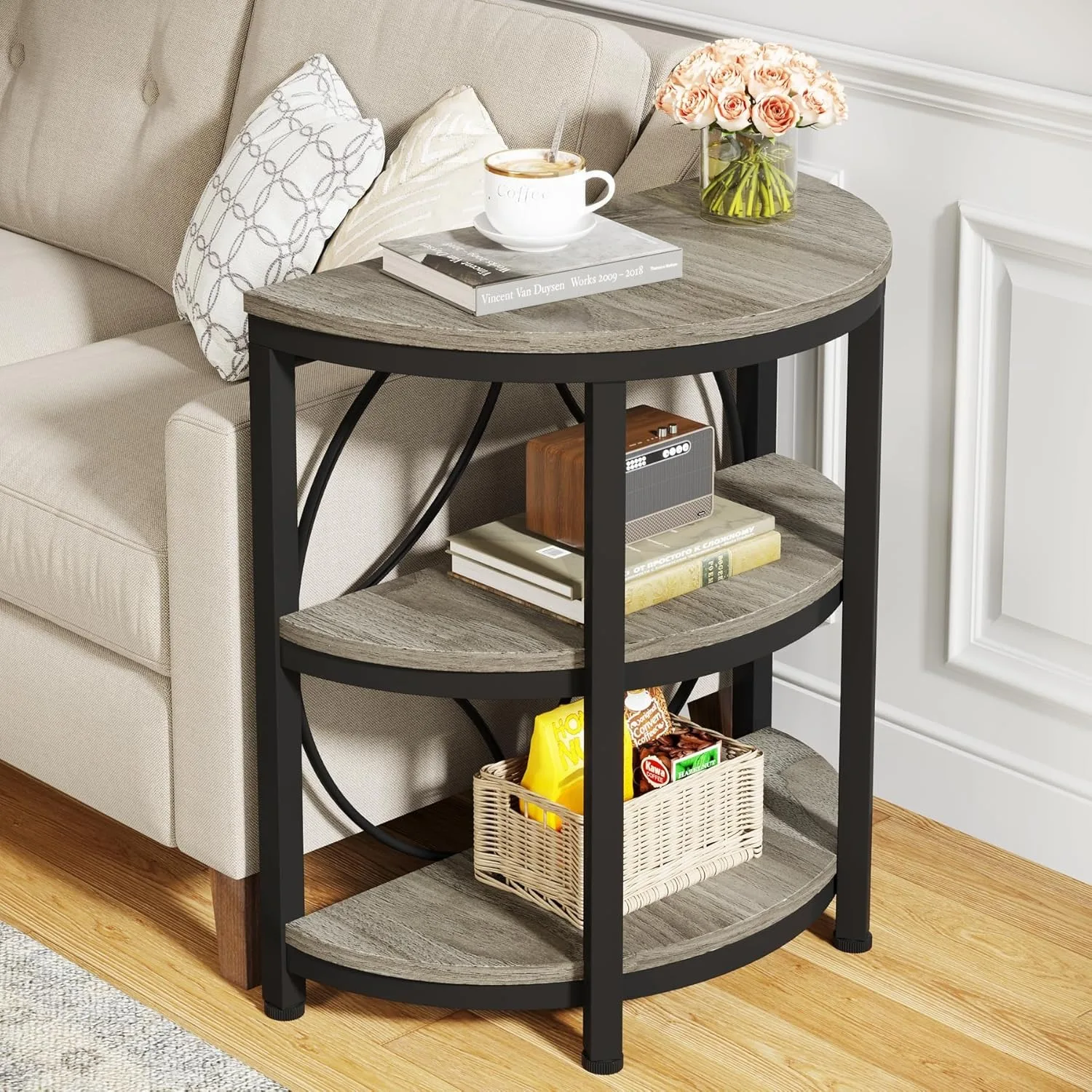 

Small Half Round End Table, Half Circle Side Table with Shelves and Metal Frame, 3-Tier Half Moon Console Table(1PC)