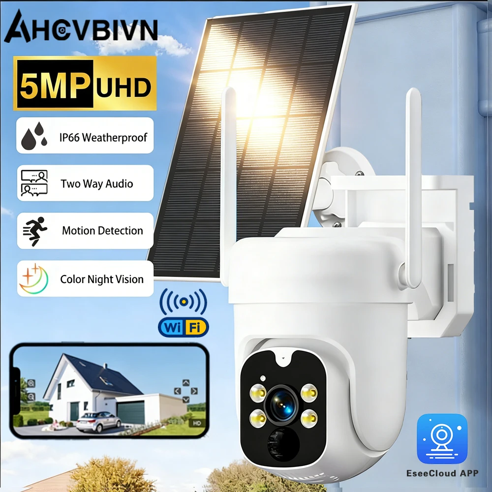 

5-мегапиксельная HD-камера с Wi-Fi на солнечной энергии для улицы, со встроенным аккумулятором, 2K, беспроводная камера видеонаблюдения с солнечной панелью, приложение EseeCloud