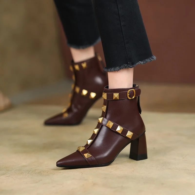 Dilalula Newest Genuine Leather Thick High Heel Rivet Short Boots Autumn Winter Pointed Toe Party Ankle Boots Office Ladies 2025
