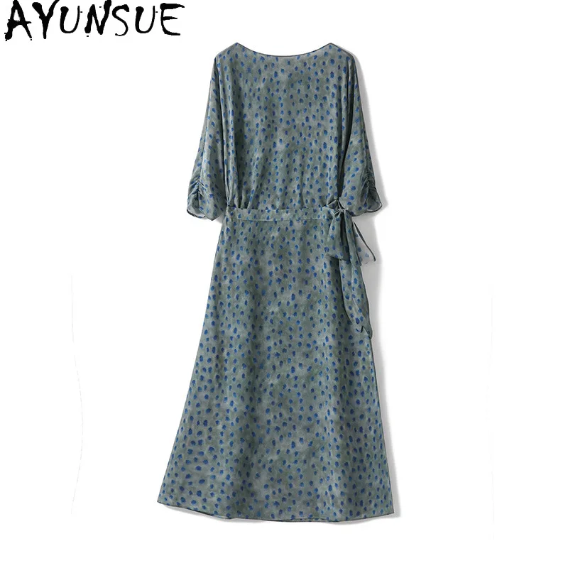 AYUNSUE Double Crepe Mulberry Silk Dresses for Women Luxury Mid-length Asymmetric Design Summer Dresses 2026 Woman Clothes 원피스