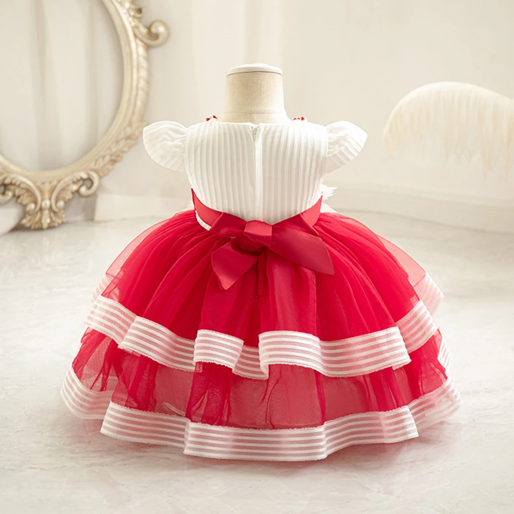 0-3 Years Girl Red Princess Party Dresses Striped Toddler Baby 1 Year Birthday Ball Gown Newborn Kids Clothes