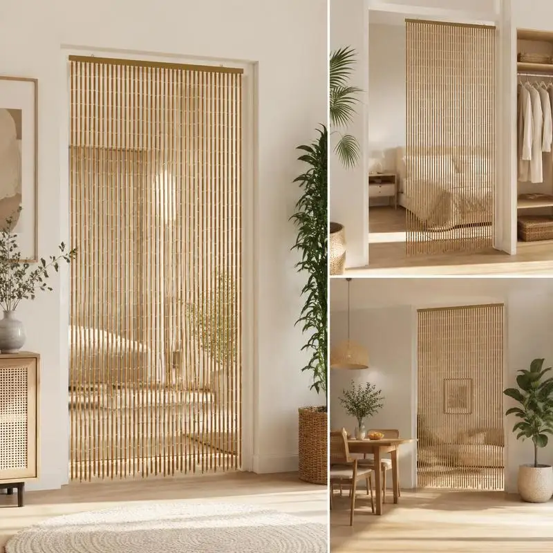 Rideau de porte protecteur contre les insectes 90 x 200 cm, fabriqué en bambou naturel avec un design multicolore vibrant, permet la circulation de l'air frais, installation facile sans outils, idéal pour les rideaux de porte en maille.