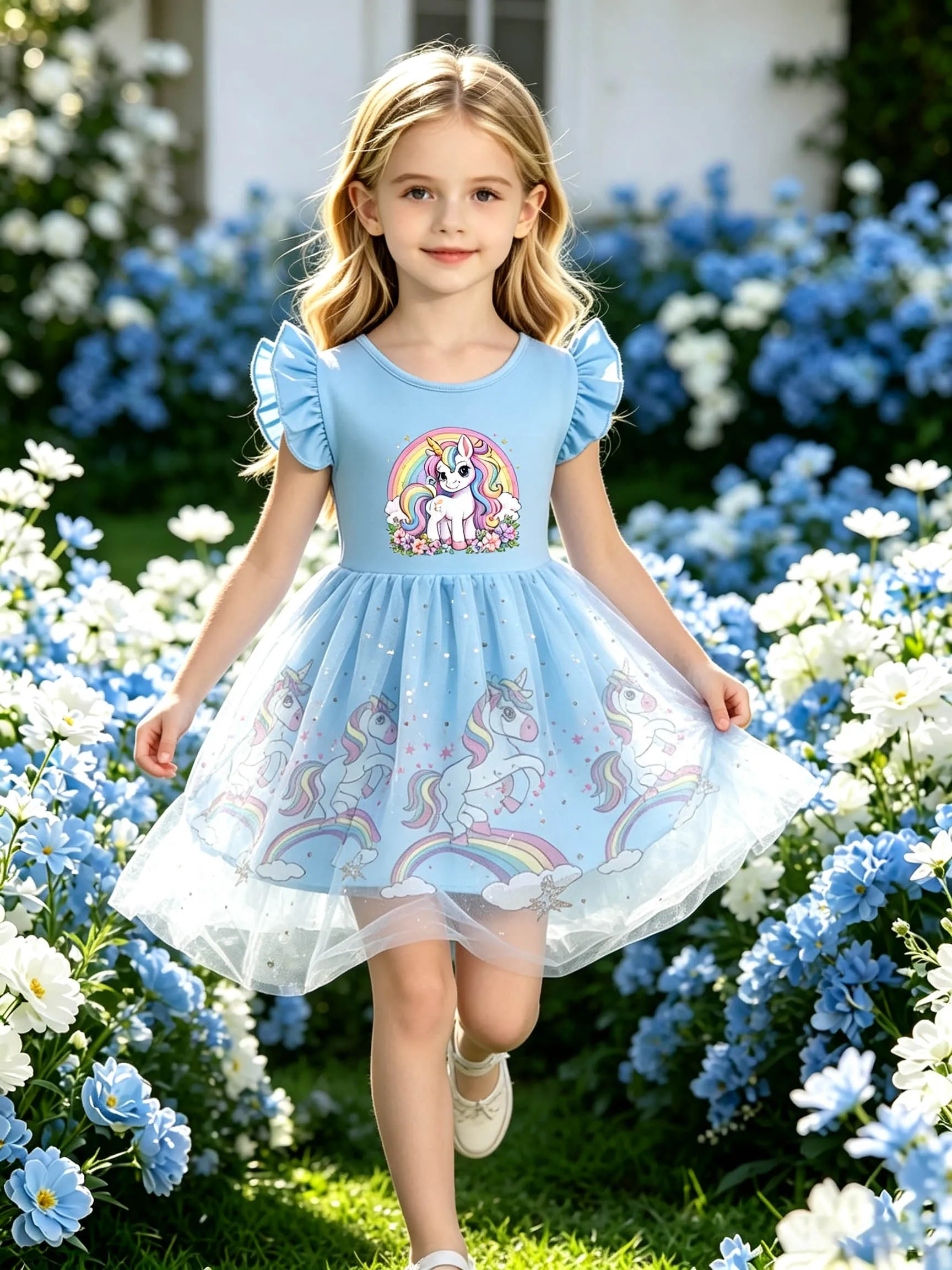 Little Girls' Light Blue Floral Rainbow Unicorn Flutter Sleeve Dress, Sparkly Star Tulle Puffy Princess Dress