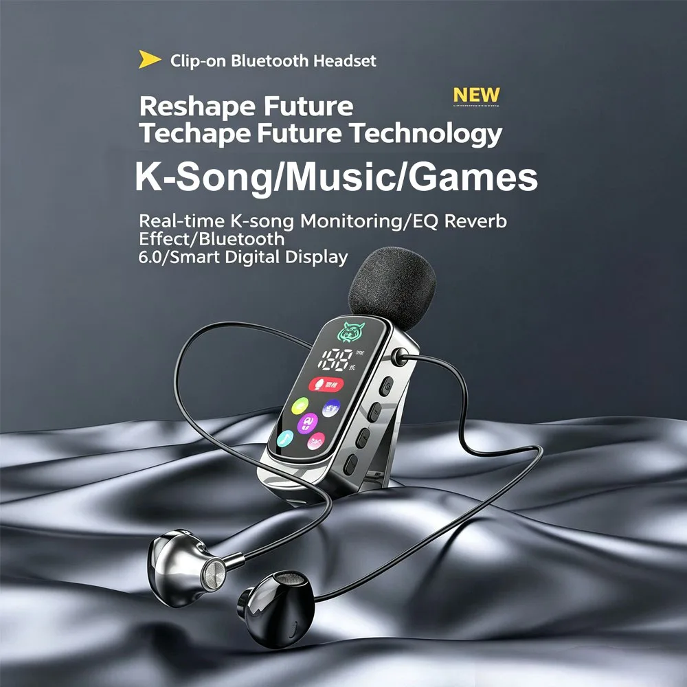KEBIDUMEI Lavalier Bluetooth 6.0 Earphones Wireless Headphones Noise Cancelling Earbuds K-Song Real-time Monitor TF Card Play