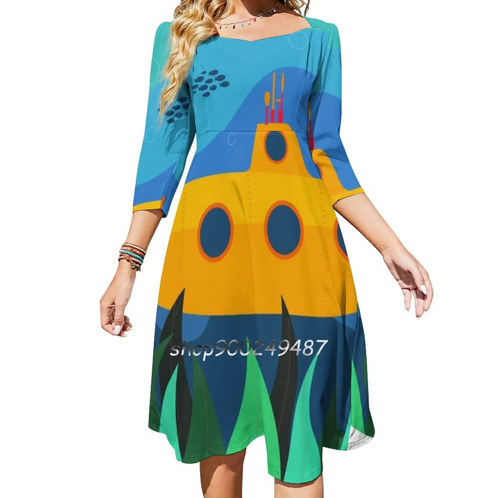 Under The Sea Square Neck Dress Cute Loose Print Dresses Elegant Beach Party Dress Ocean Sea Water Fish Plants Blue Aesthetic