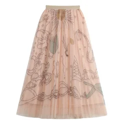 TFETTERS Pink Tulle Skirt Women Casual Graffiti Print Pleated Midi Skirt 2025 Spring and Summer Korean Fashion Women Clothing