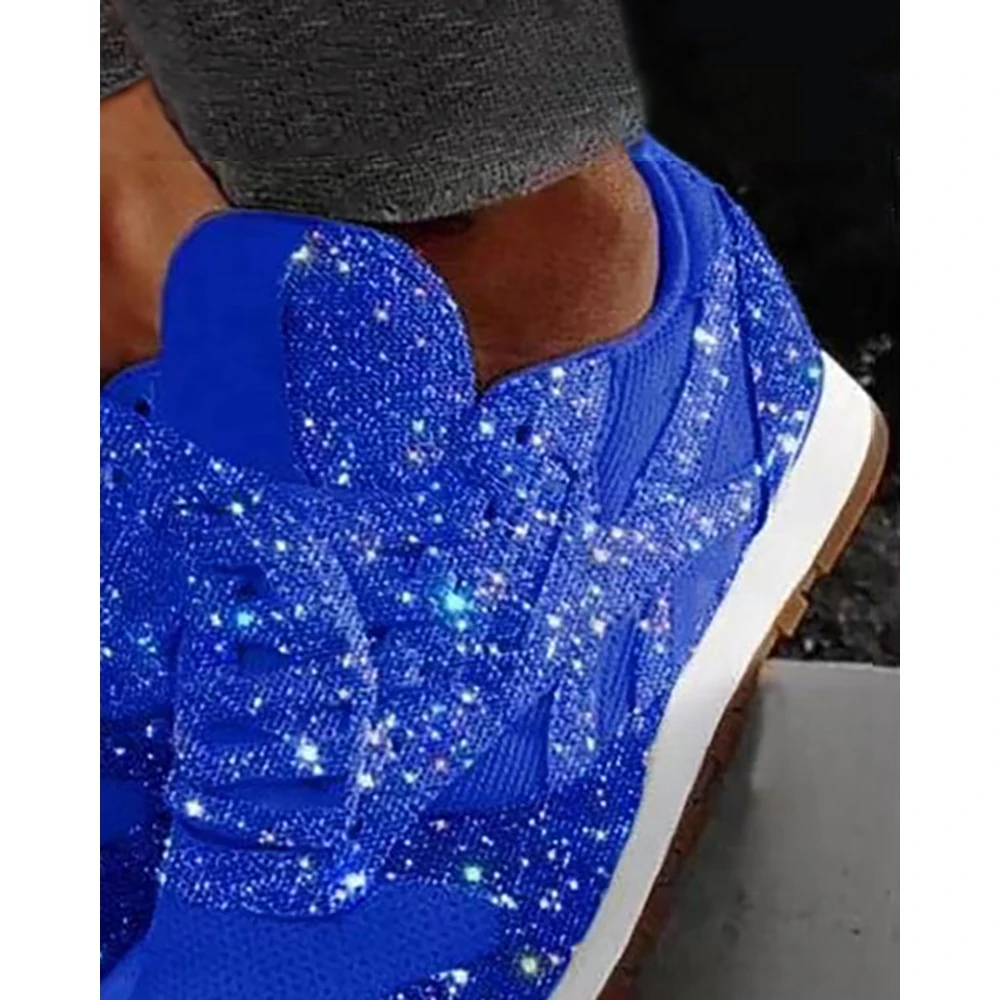Women Bling Bling Contrast Sequin Breathable Lace-up Sneakers Casual Round Toe Flat Sports Shoes Spring Going Out Sneaker