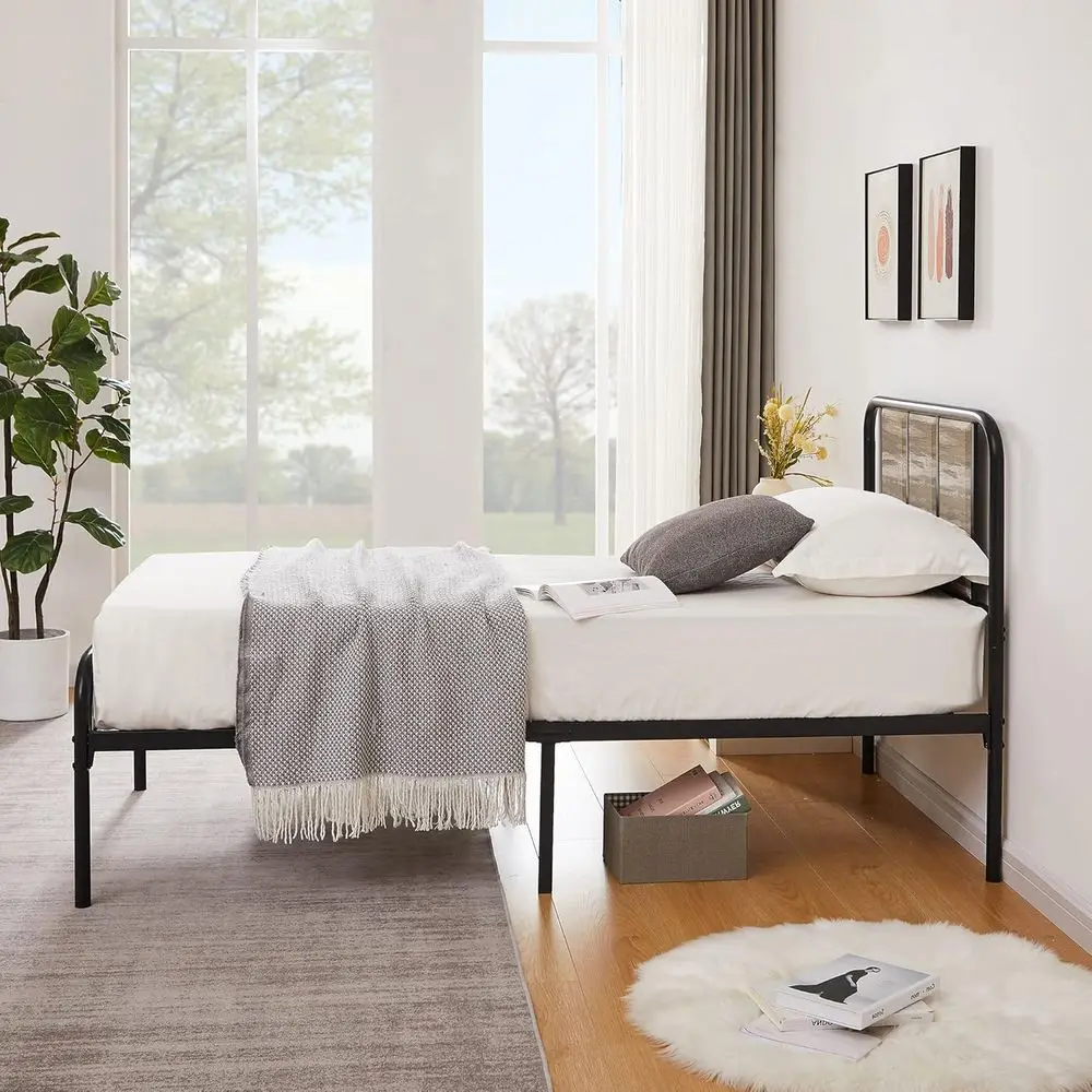 إطار سرير معدني مزدوج مع لوح رأسي خشبي للأطفال - منصة قوية، لا حاجة إلى صندوق زنبركي (أردواز رمادي) #5