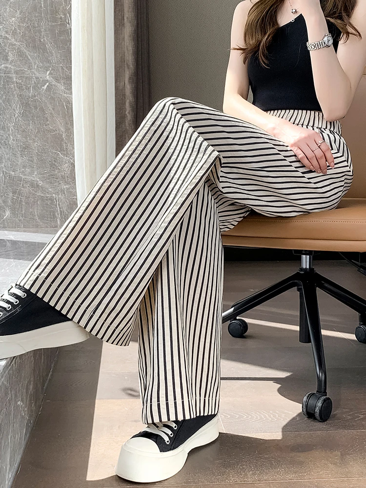 New Arrvials Summer Thin Print Striped Wide Leg Pants For Women 2024 Elastic Waist Casual Loose Full Trousers Female