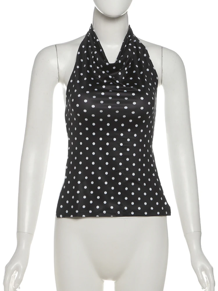 Weird Pusss Polka Dot Print Tank Tops Women Halter Backless Skinny Sexy Summer Trend Hottie Street Midnight Coquette Party Vest