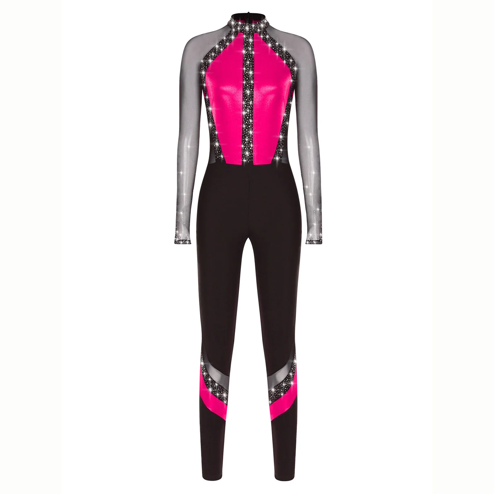 

Women Artistic Gymnastics Dance Jersey Leotards Figure Skating Full Jumpsuit Rhinestones Mesh Long Sleeve Dancewear Bodysuit