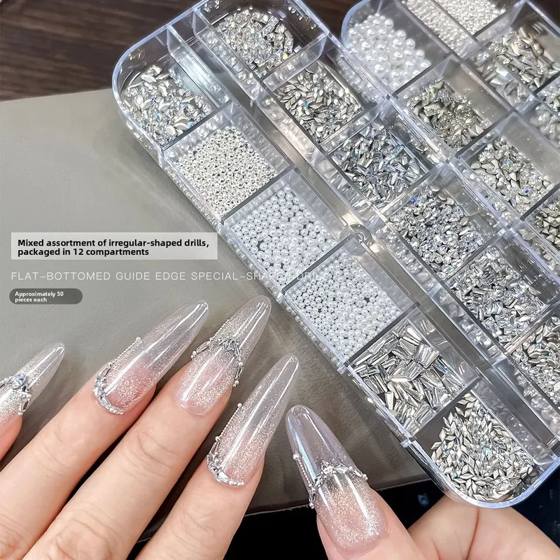 LYLE 12 Grid Sparkly Marquise Pearl Mini Fancy Shape Rhinestone Mixed 3D Nail Art Decor for DIY Wholesale Manicure Supplies