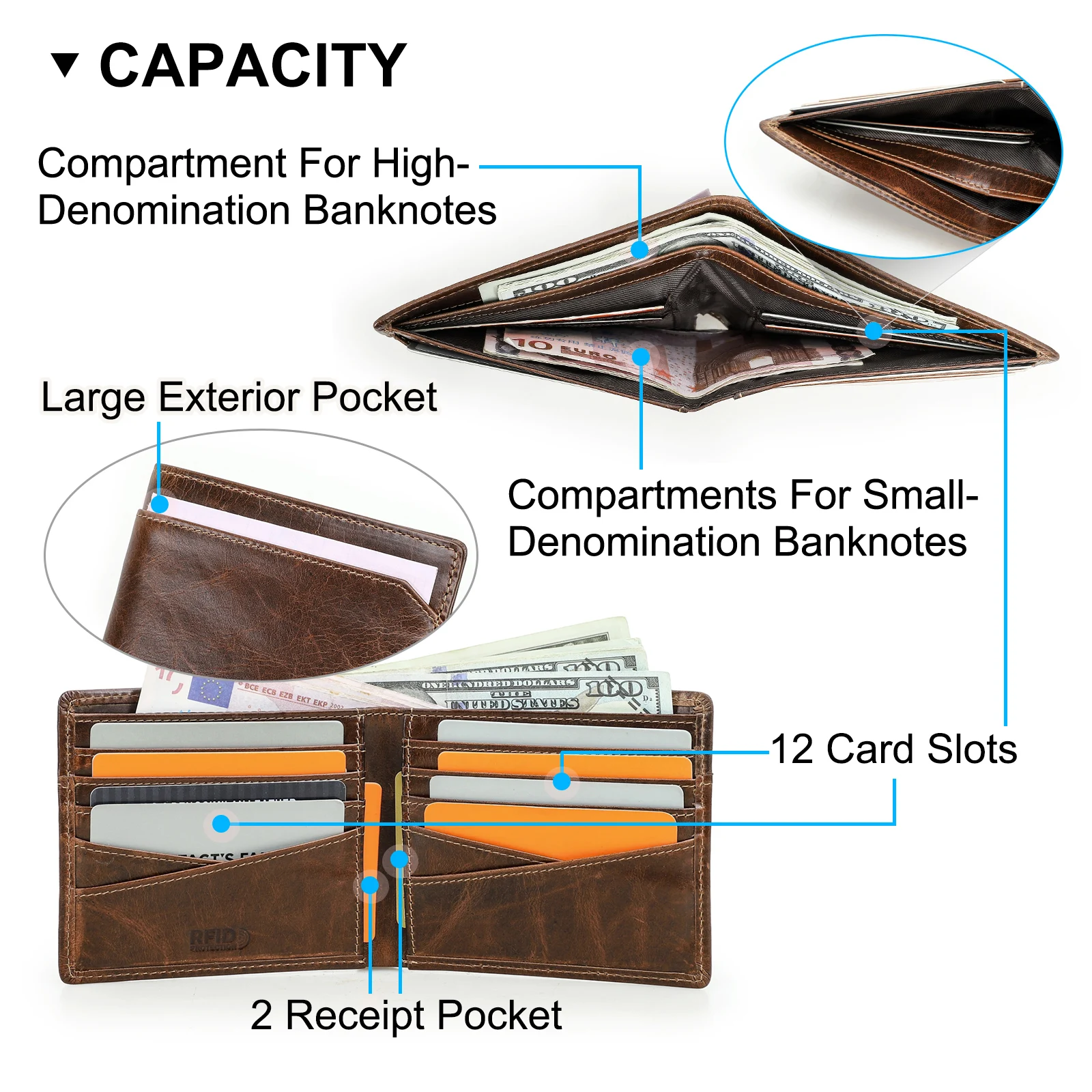CONTACT'S Genuine Leather Men's Wallet RFID Card Holder Large Pocket Money Clip Male Travel Gift Purse Compact Leather Wallet